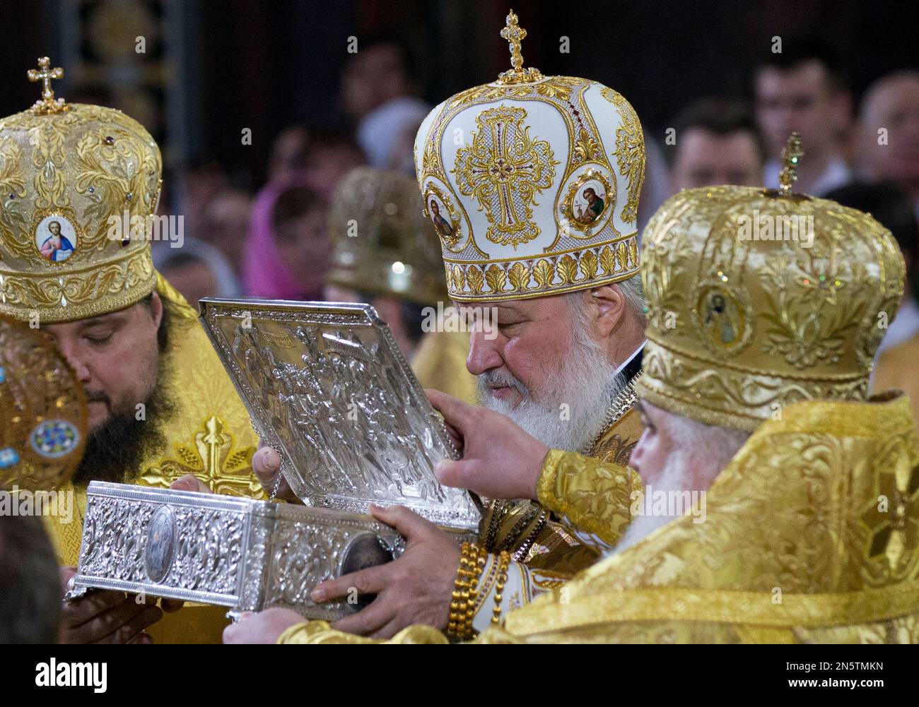 Russian Orthodox Patriarch Kirill carries the Gifts of the Magi box