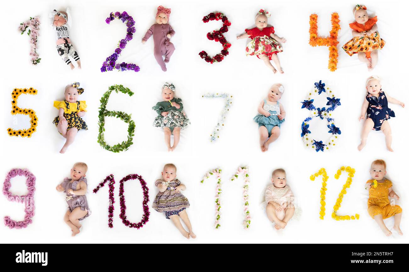 Immagini mensili del primo anno del bambino. Pietre miliari del neonato. Sviluppo del bambino Foto Stock