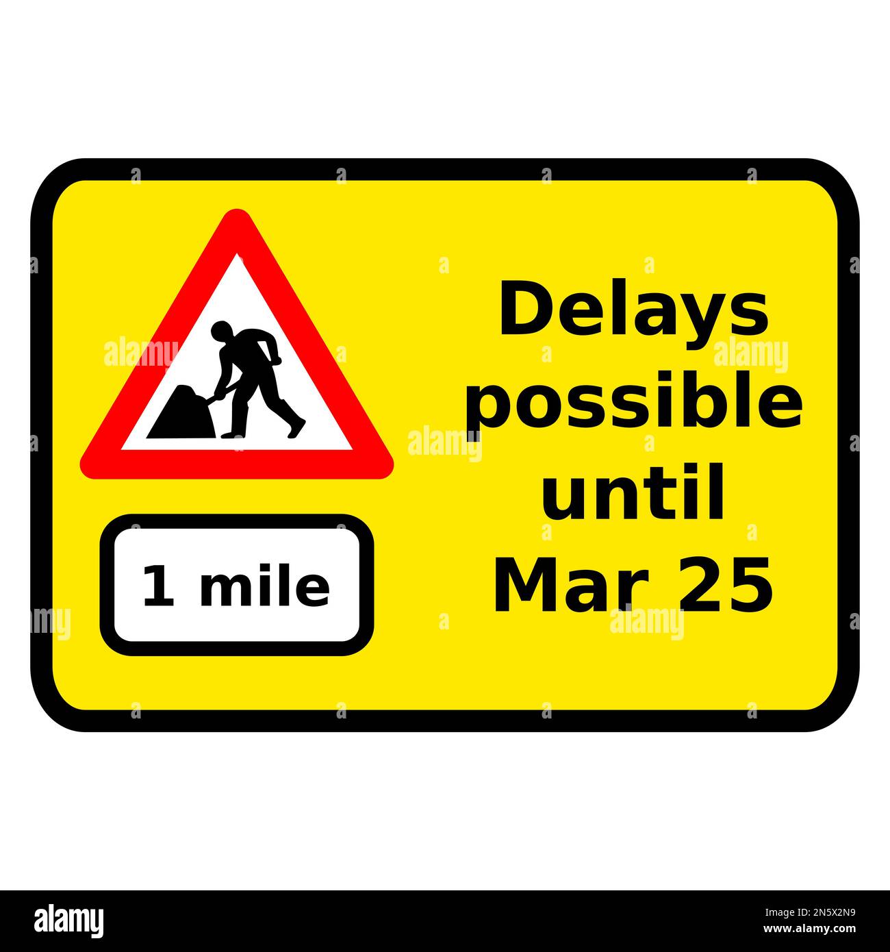 Immagine vettoriale di un cartello giallo rettangolare che avverte dei lavori stradali a 1 miglio di distanza Illustrazione Vettoriale