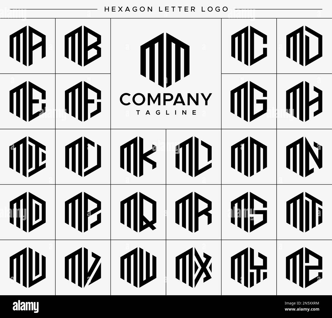 Set vettoriale moderno con logo a forma di lettera M esagonale. Logo esagonale MM M. Illustrazione Vettoriale