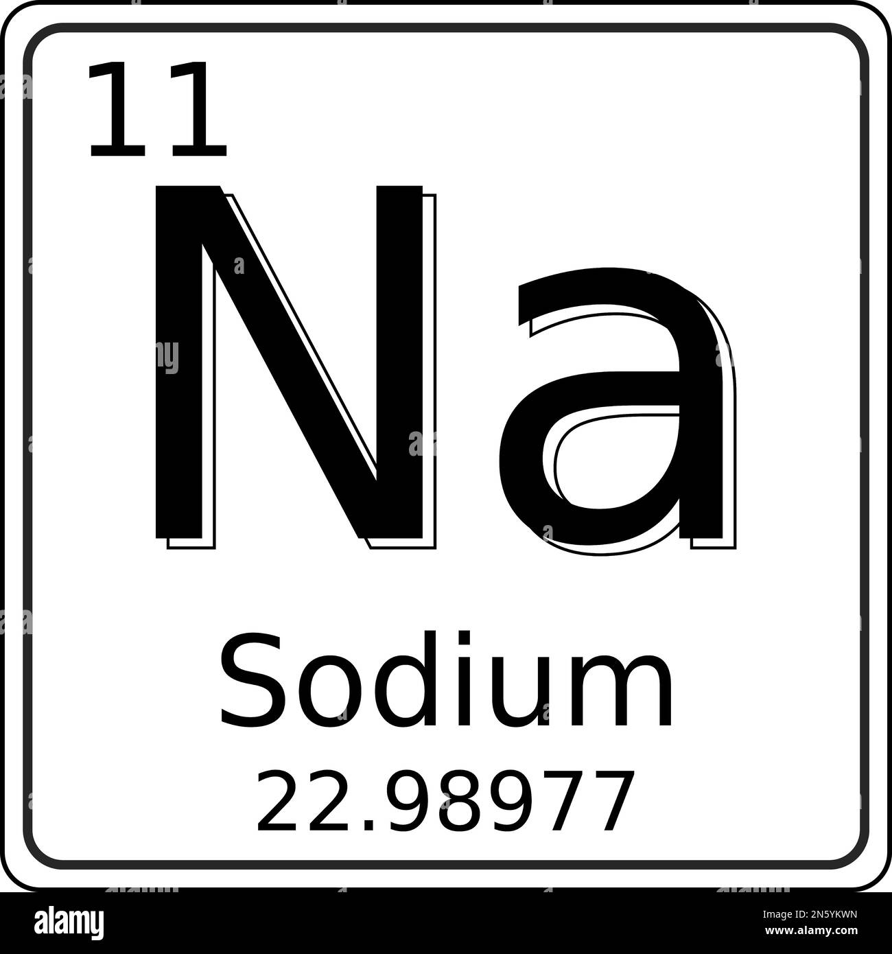 Grafica vettoriale in bianco e nero del simbolo dell'elemento sodio (Na) sulla tavola periodica degli elementi. Contiene anche il numero atomico e l'atomo Illustrazione Vettoriale