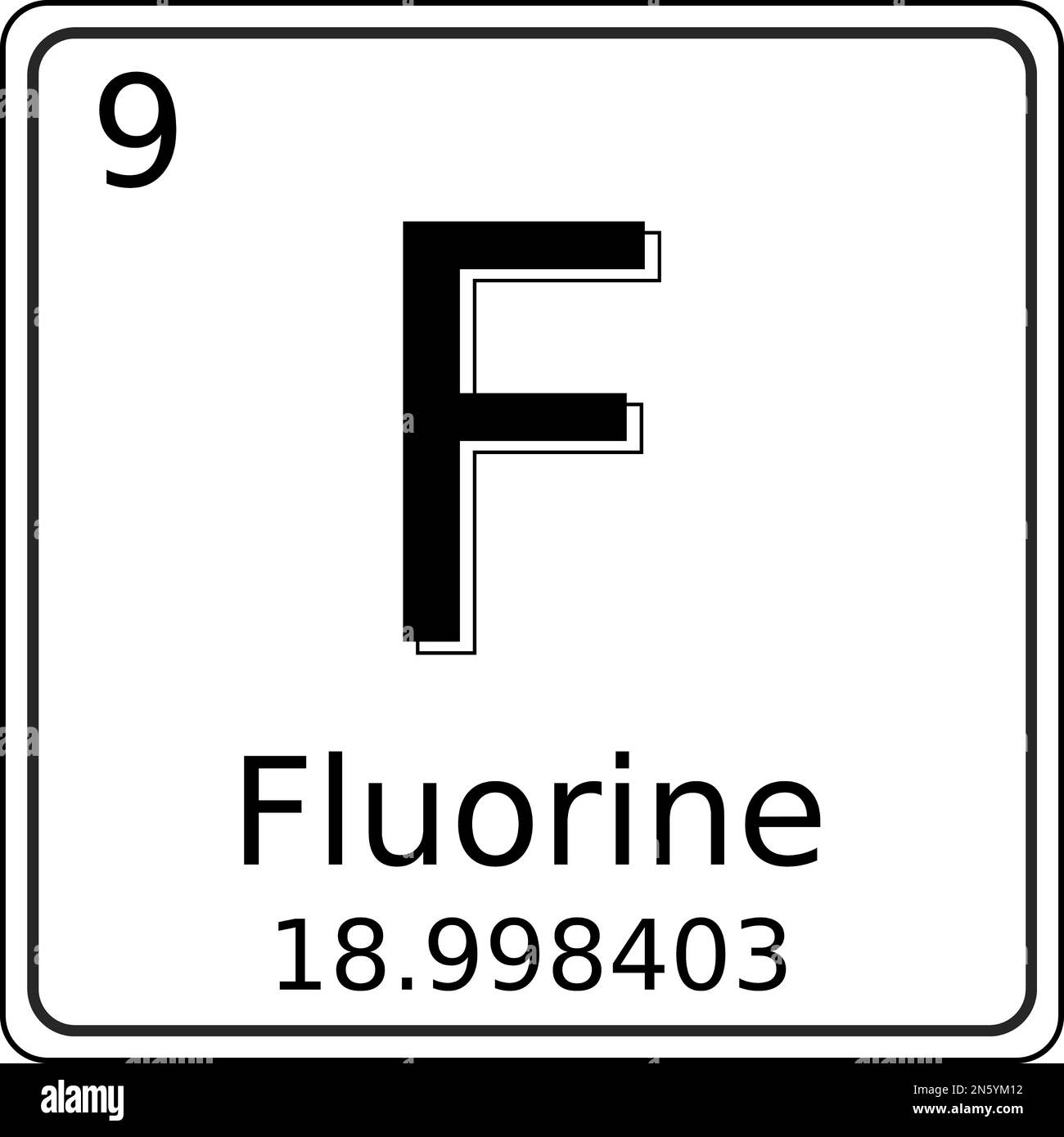 Grafica vettoriale in bianco e nero del simbolo dell'elemento fluoro (F) sulla tavola periodica degli elementi. Contiene anche il numero atomico e ato Illustrazione Vettoriale