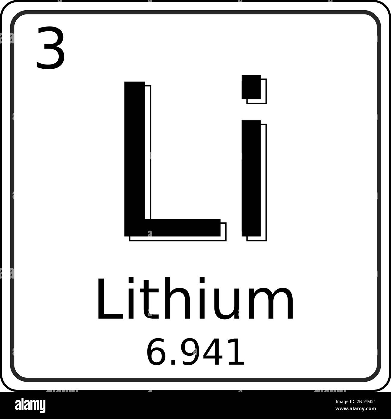 Grafica vettoriale in bianco e nero del simbolo dell'elemento al litio (li) sulla tavola periodica degli elementi. Contiene anche il numero atomico e ato Illustrazione Vettoriale