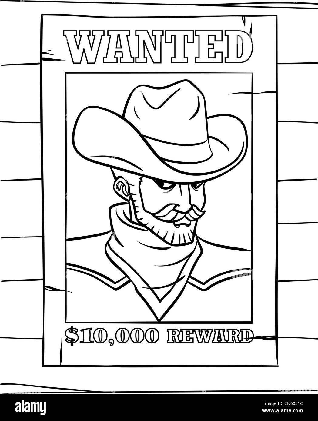 Cowboy Wanted Poster Coloring Page for Kids Illustrazione Vettoriale
