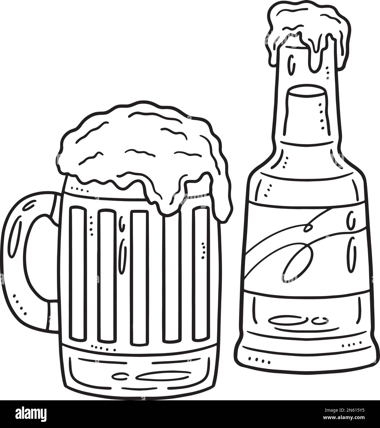 Bottiglia di birra e tazza di birra isolato colorazione pagina Illustrazione Vettoriale