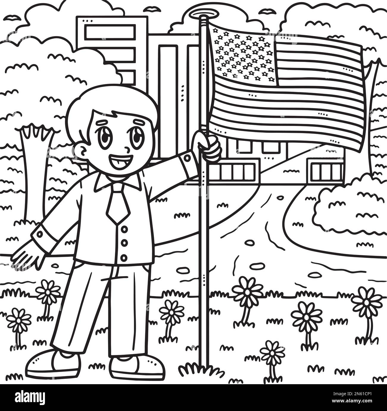 Memorial Day Child Holding US Flag coloring Page Illustrazione Vettoriale