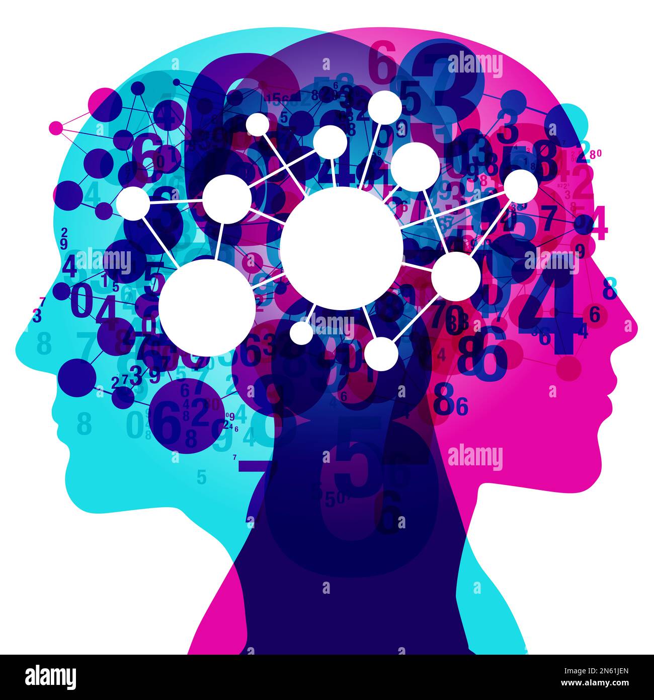 silhouette da 2 persone con numeri semitrasparenti e forme collegate. Sovrapposta è un'icona di disposizione della rete. Foto Stock