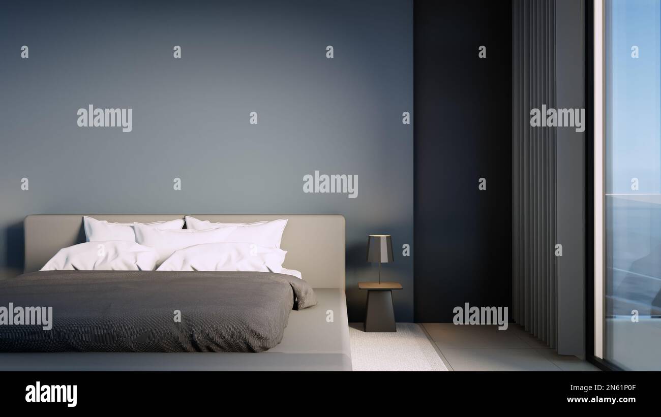 Camera da letto di lusso nera vista mare - 3D rendering Foto Stock