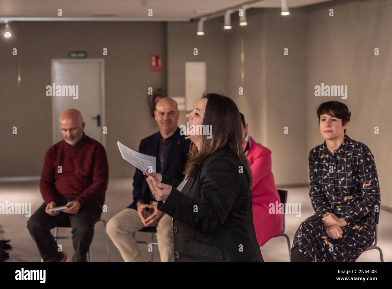 Cangas, spagna. Feb 9th, 2023. Riunione pre-campagna BNG per le elezioni autonome di Ana Pontón, candidato alla presidenza della comunità autonoma della Galizia. Insieme a lei hanno parlato i candidati per i sindaci di Cangas, Moaña e Bueu. Xan Gasalla/Alamy Live News Foto Stock