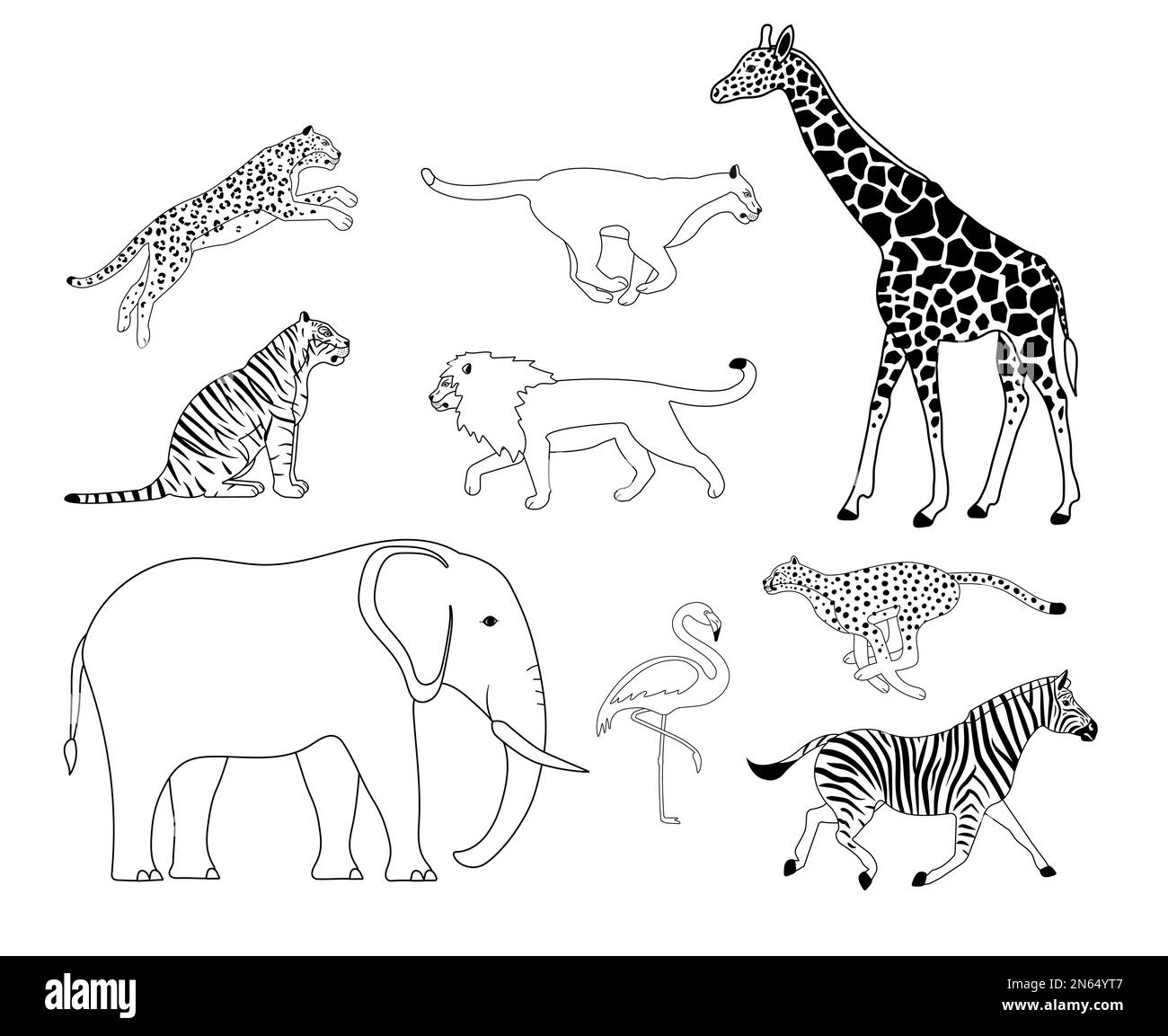Set vettoriale di animali selvatici africani a profilo piatto Illustrazione Vettoriale