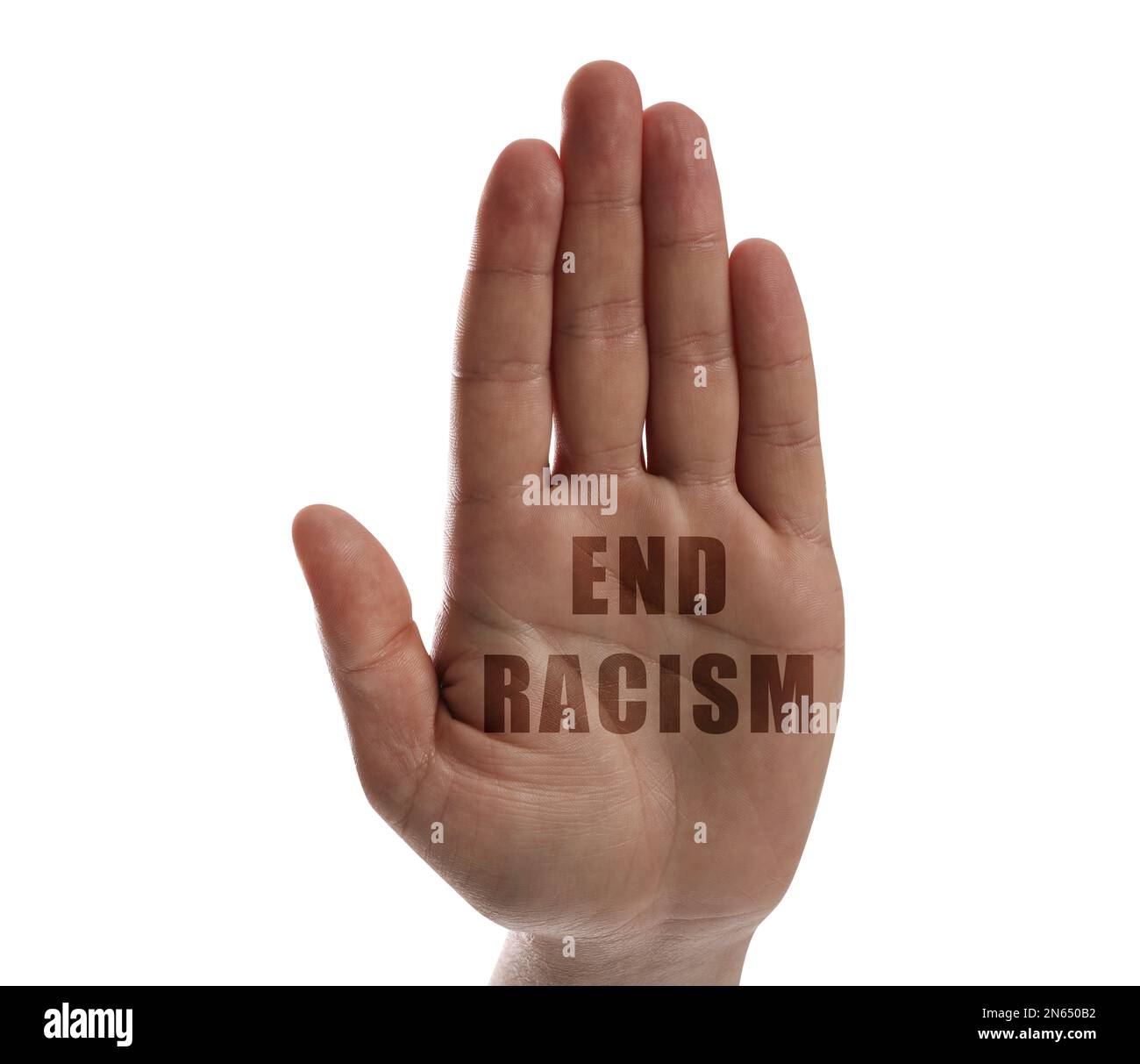 Fine del razzismo. Uomo che mostra mano su sfondo bianco, primo piano Foto Stock