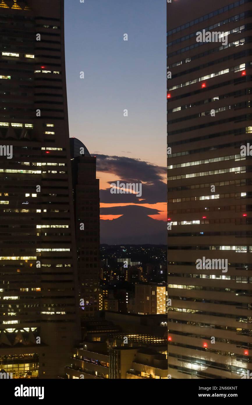 Silhouette del Monte Fuji tra grattacieli, dalla ruota panoramica, Minatomirai, città di Yokohama, provincia di Kanagawa, Giappone, Asia orientale, Asia Foto Stock