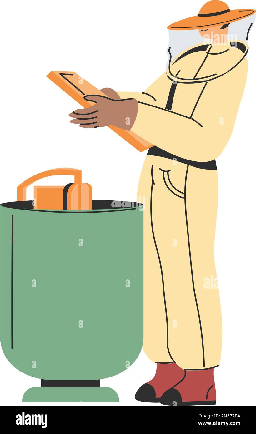 Produzione di miele, apiarista in costume, apicoltura Illustrazione Vettoriale