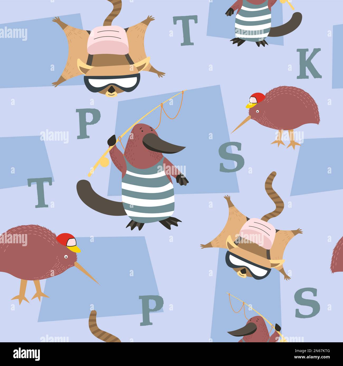 Ritratti di animali e lettere ABC imparare per i bambini a scuola. Personaggi carini, kiwi indossando un cappello. Alfabeto e fauna dello zoo. Motivo senza cuciture, sfondo Illustrazione Vettoriale