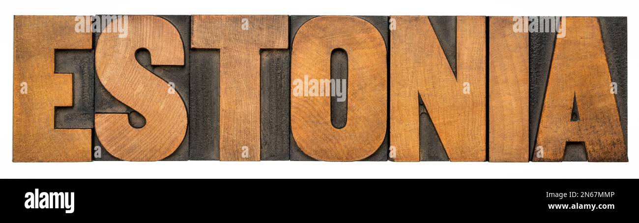 Estonia - parola isolata abstract in legno tipo letterpress vintage, paese Baltico Foto Stock