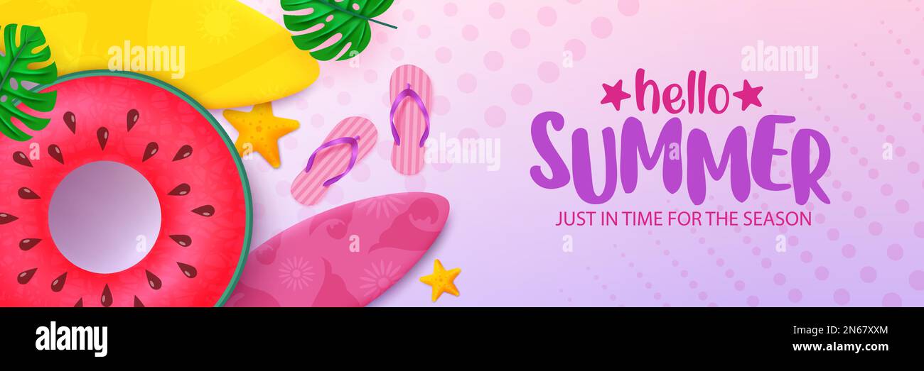 Ciao sfondo vettore estate. Ciao estate testo con Beach floater, tavola da surf e flipflop elemento in background. Illustrazione vettoriale estate Illustrazione Vettoriale