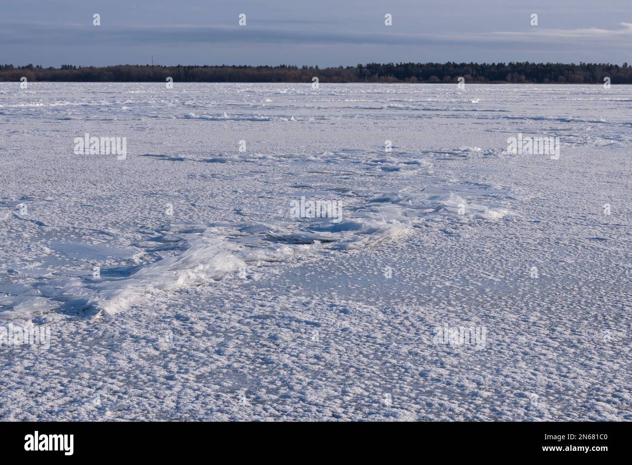 Il fiume Saint Lawrence si è surgelato con grandi pezzi di ghiaccio, inverno, Morrisburg, Ontario Foto Stock