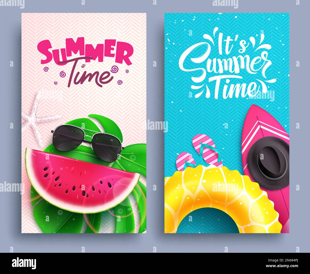 Vettore ora legale impostato. Testo estate con elementi vacanza spiaggia per sfondo banner. Poster estivo con illustrazione vettoriale. Illustrazione Vettoriale