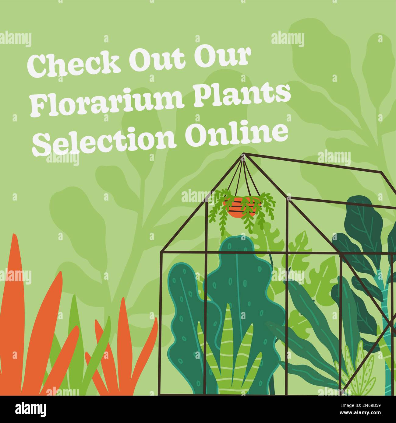 Selezione piante Florarium online, fioraio con assortimento di fiori e piante da casa. Foglie tropicali e fiorente, acquisto per casa. Promo Illustrazione Vettoriale