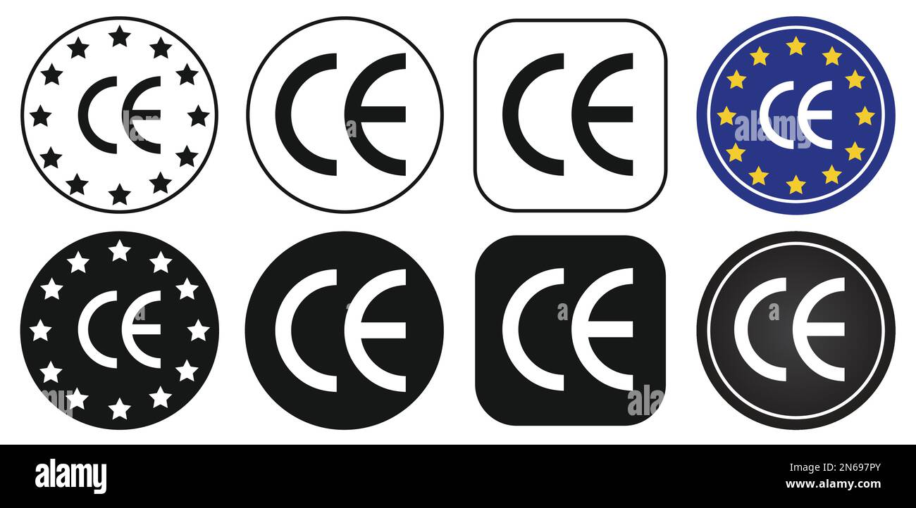 Marchio CE. Simbolo CE isolato su sfondo bianco. Set di icone dei marchi di certificazione di conformità europea. Nero piatto, delineato, cerchio quadrato rotondo. Vettori. Illustrazione Vettoriale