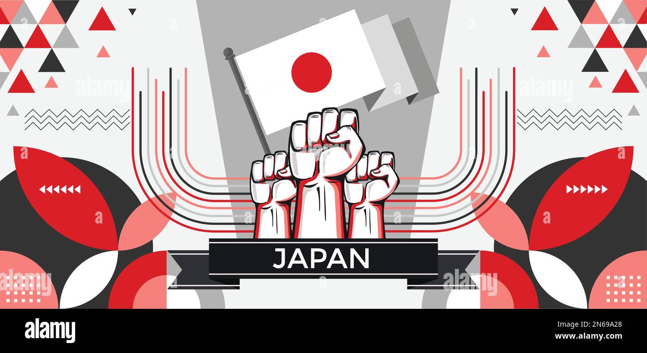 Bandiera nazionale giapponese con bandiera giapponese colori sfondo tema e astratto geometrico retrò moderno rosso bianco design. Popolo giapponese. Sport asiatici. Illustrazione Vettoriale