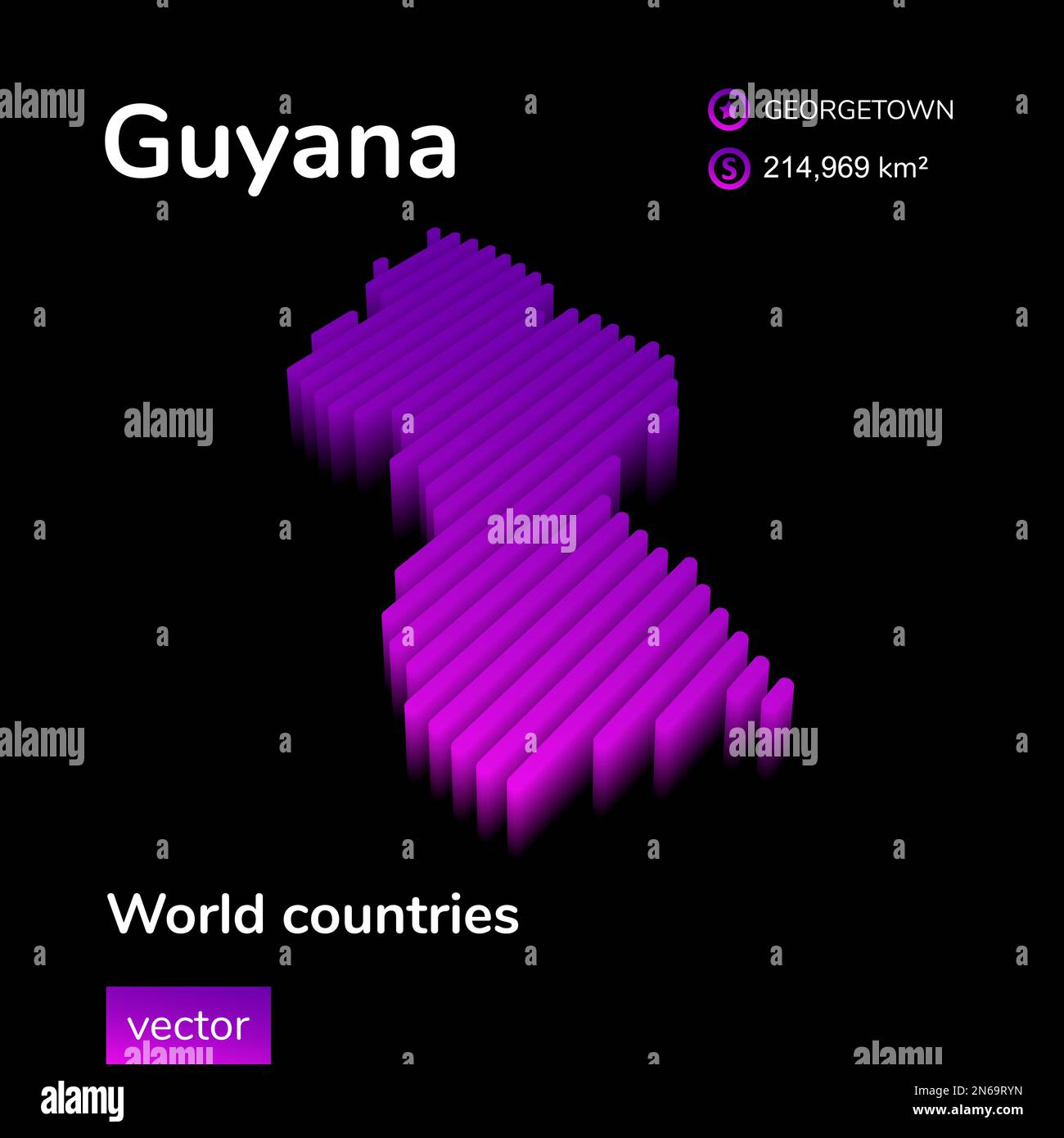 Mappa Guyana 3D. Vettore neon isometrico a righe di colore viola. Mappa infografica geografica. Banner didattico Illustrazione Vettoriale