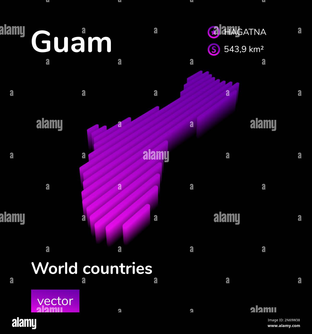 Mappa Guam 3D. Mappa Guam vettoriale al neon isometrico a righe in colori viola. Mappa infografica geografica, poster. Banner didattico Illustrazione Vettoriale