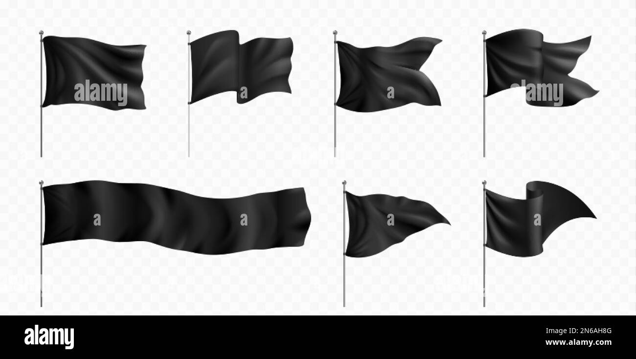 Bandiere nere e pennants sui pali mockup. Striscioni in tessuto grezzo forma triangolare, rettangolare e angolare su stativo in acciaio isolato su sfondo trasparente, Illustrazione Vettoriale