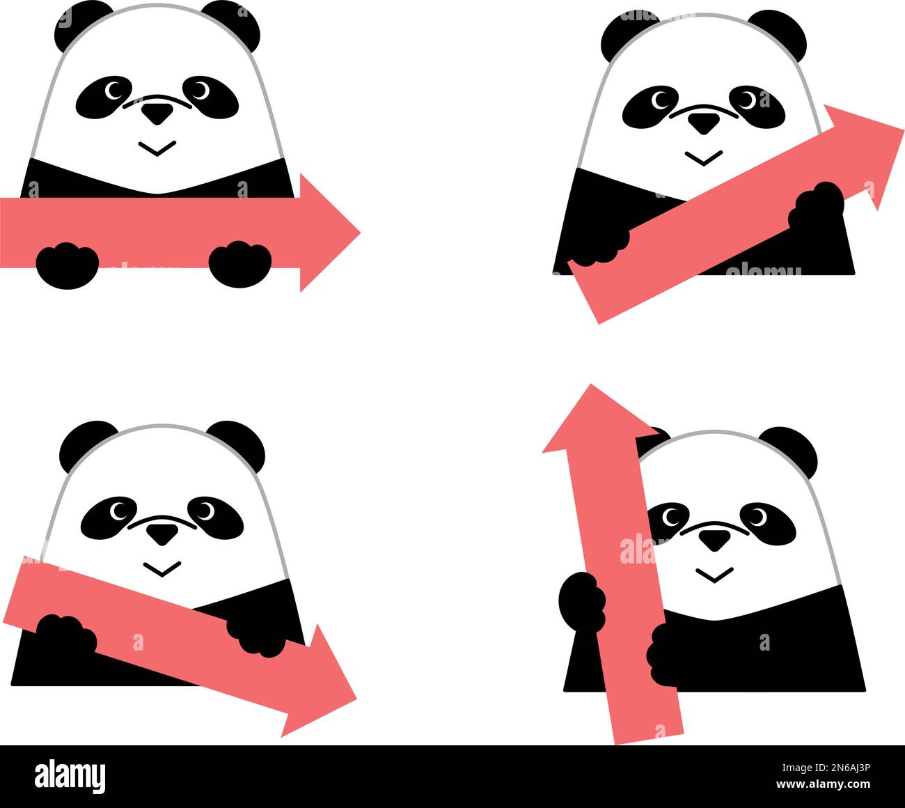 Freccia che indica in 4 direzioni di simpatico panda. Illustrazione di un animale carino che tiene una freccia. Illustrazione Vettoriale