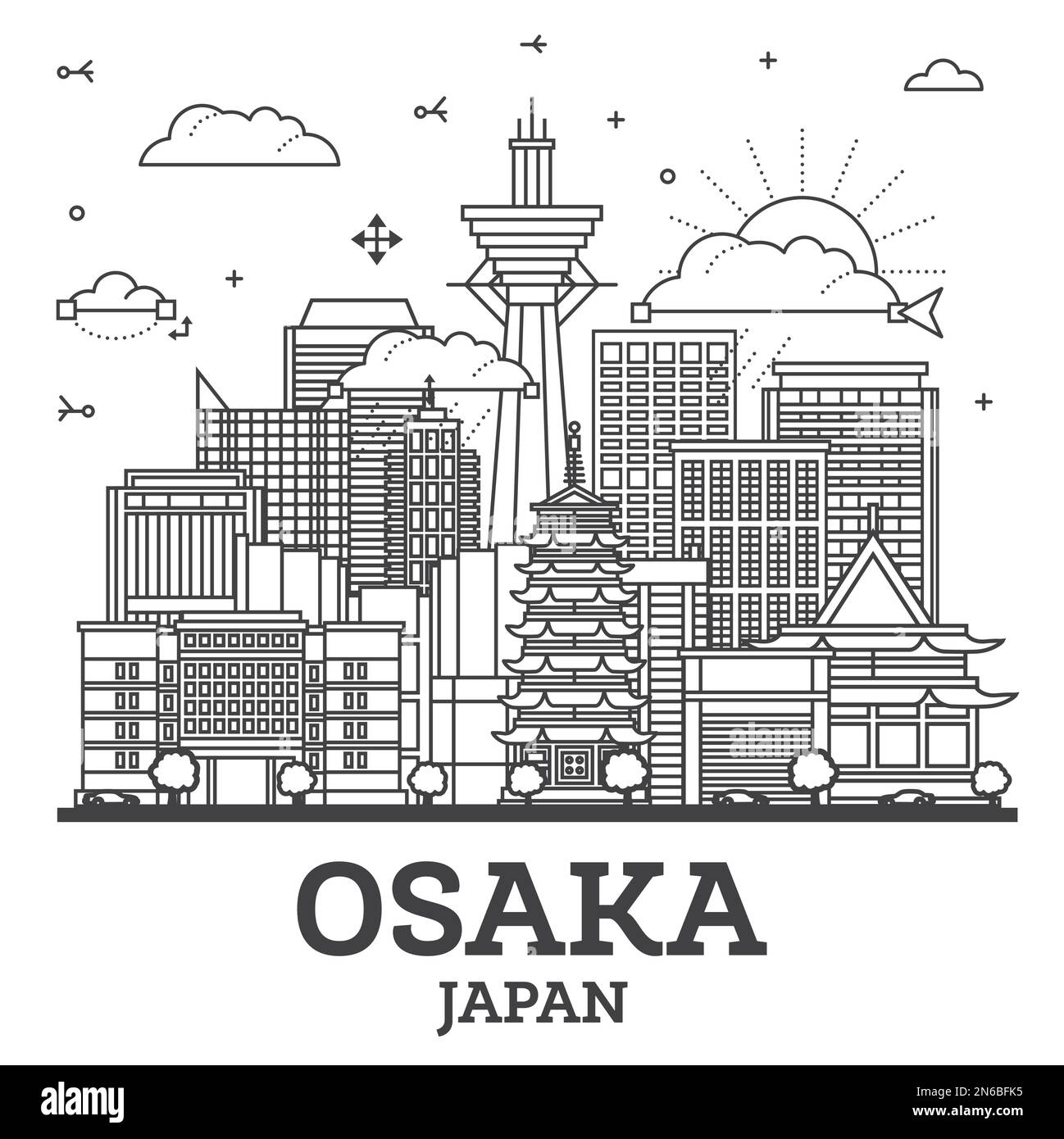 Profilo Osaka Japan City Skyline con edifici moderni isolati in bianco. Illustrazione vettoriale. Paesaggio urbano di Osaka con punti di riferimento. Illustrazione Vettoriale