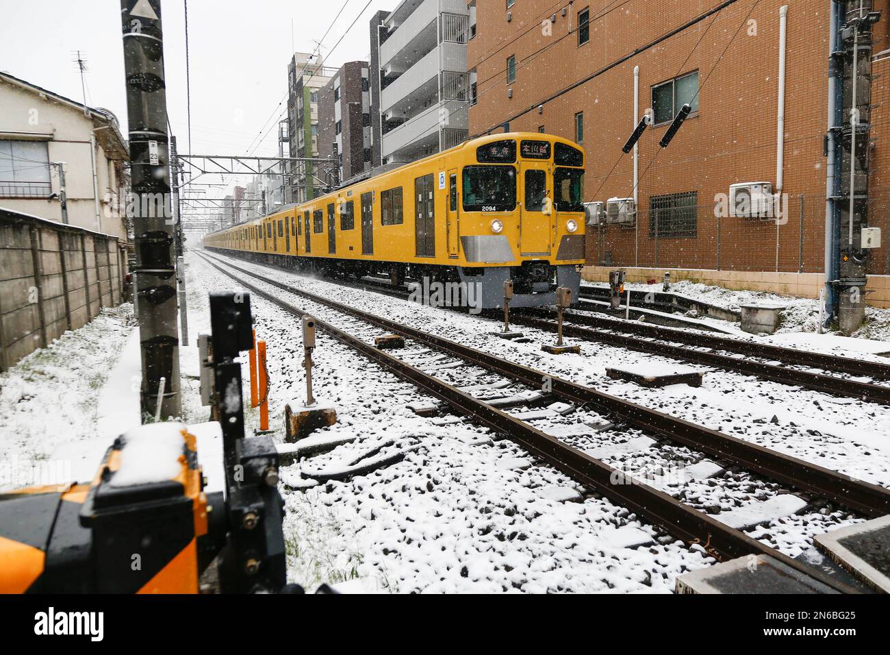 Un treno corre sotto neve a Tokyo il 10 febbraio 2023, in Giappone. L'Agenzia Meteorologica ha emesso un avvertimento di neve pesante per il centro di Tokyo. Potrebbe piovere il venerdì sera e creare condizioni stradali pericolose nelle ore di punta serali. Credit: Rodrigo Reyes Marin/AFLO/Alamy Live News Foto Stock