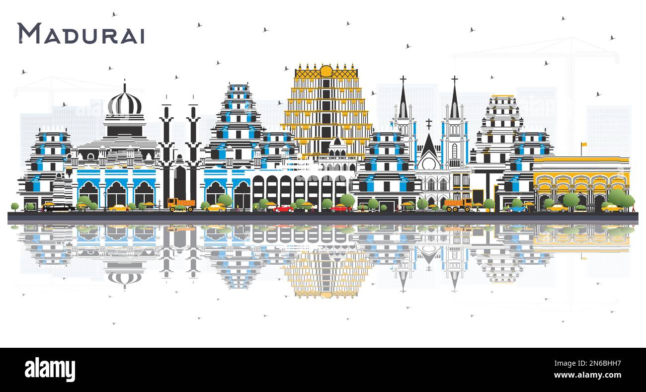 Madurai India City Skyline con edifici di colore e riflessi isolati su bianco. Illustrazione vettoriale. Illustrazione Vettoriale