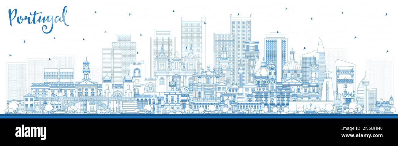 Portogallo. Delineate lo skyline della città con edifici blu. Illustrazione vettoriale. Concetto con architettura moderna e storica. Paesaggio urbano del Portogallo. Illustrazione Vettoriale