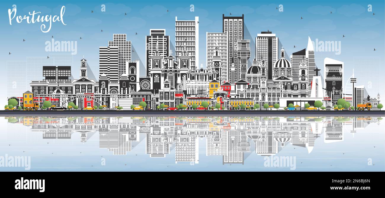 Portogallo. Skyline della città con edifici grigi, cielo blu e riflessi. Illustrazione vettoriale. Concetto con architettura moderna e storica. Illustrazione Vettoriale