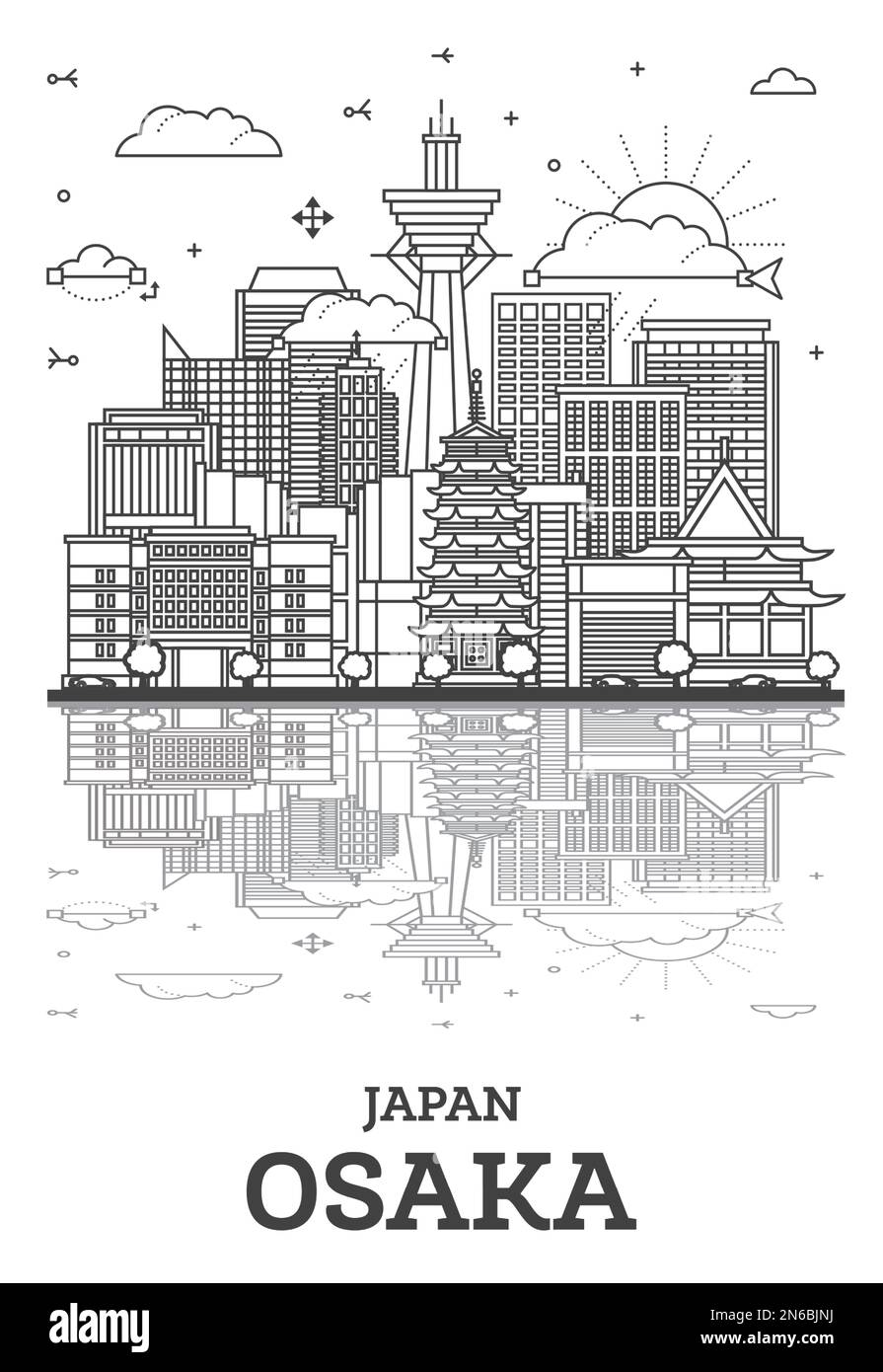 Delineate lo skyline di Osaka Japan City con edifici moderni e riflessi isolati sul bianco. Il paesaggio urbano di Osaka con i suoi punti di riferimento. Illustrazione vettoriale. Illustrazione Vettoriale