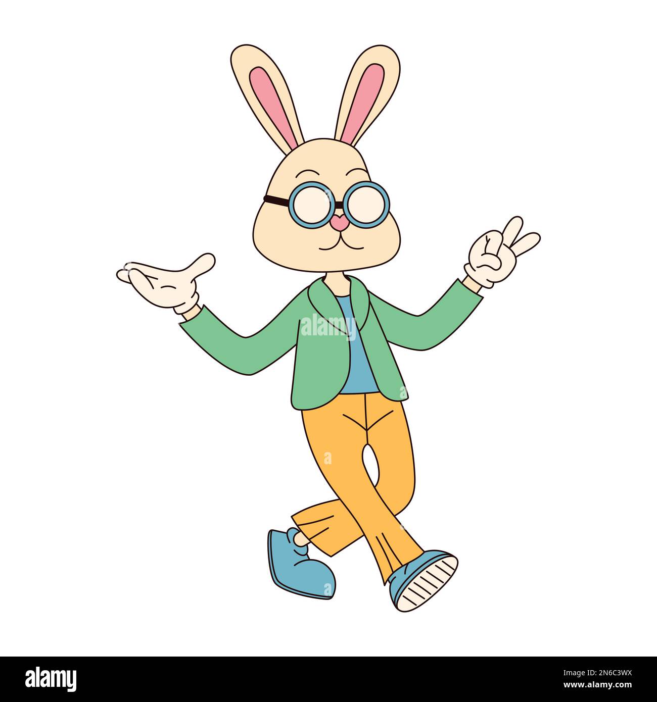 Hippie groovy buon carattere di Pasqua. Coniglietto di Pasqua in stile cartoon retrò 60s 70s alla moda. Illustrazione Vettoriale