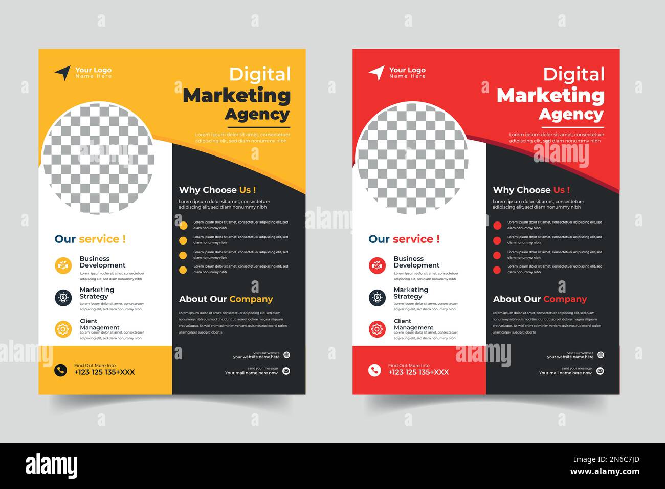 Set di modelli per volantini aziendali di colore blu, arancione, rosso e giallo. marketing, proposta commerciale, promozione, pubblicità, pubblicazione Illustrazione Vettoriale