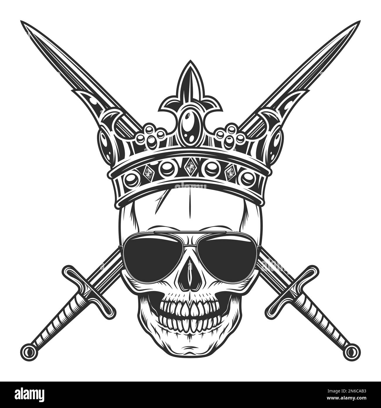 Cranio in occhiali da sole regale corona imperiale re con spade incrociate vintage isolato vettore illustrazione Illustrazione Vettoriale