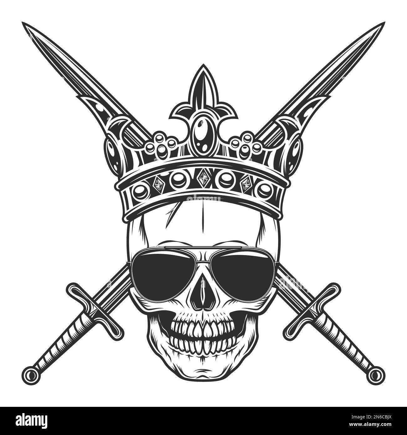 Cranio in occhiali da sole regale corona imperiale re con spade incrociate vintage isolato vettore illustrazione Foto Stock