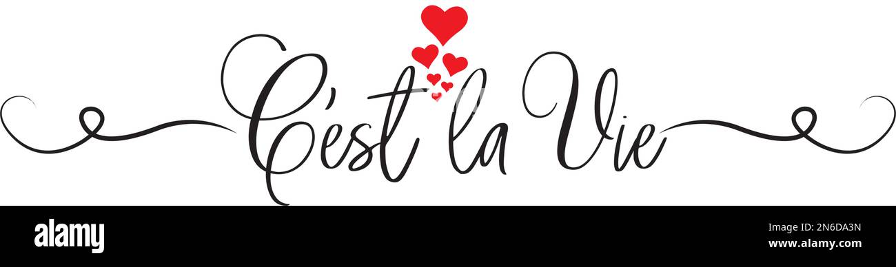 C'est la vie, vettore. É la vita. Così accadono le cose. Disegno a stencil isolato su sfondo bianco. Illustrazione Vettoriale