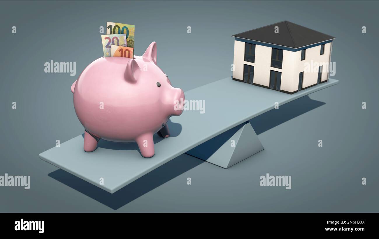 Piggy bank con banconote in euro e una moderna casa singola su una bilancia Foto Stock