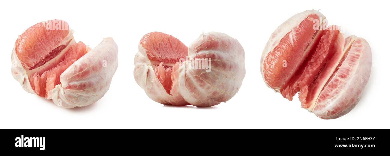 frutti di pomelo sbucciati con diverse angolazioni, massimo di agrumi, ananas o pera a forma di agrumi asiatici grandi isolati su fondo bianco, raccolta Foto Stock