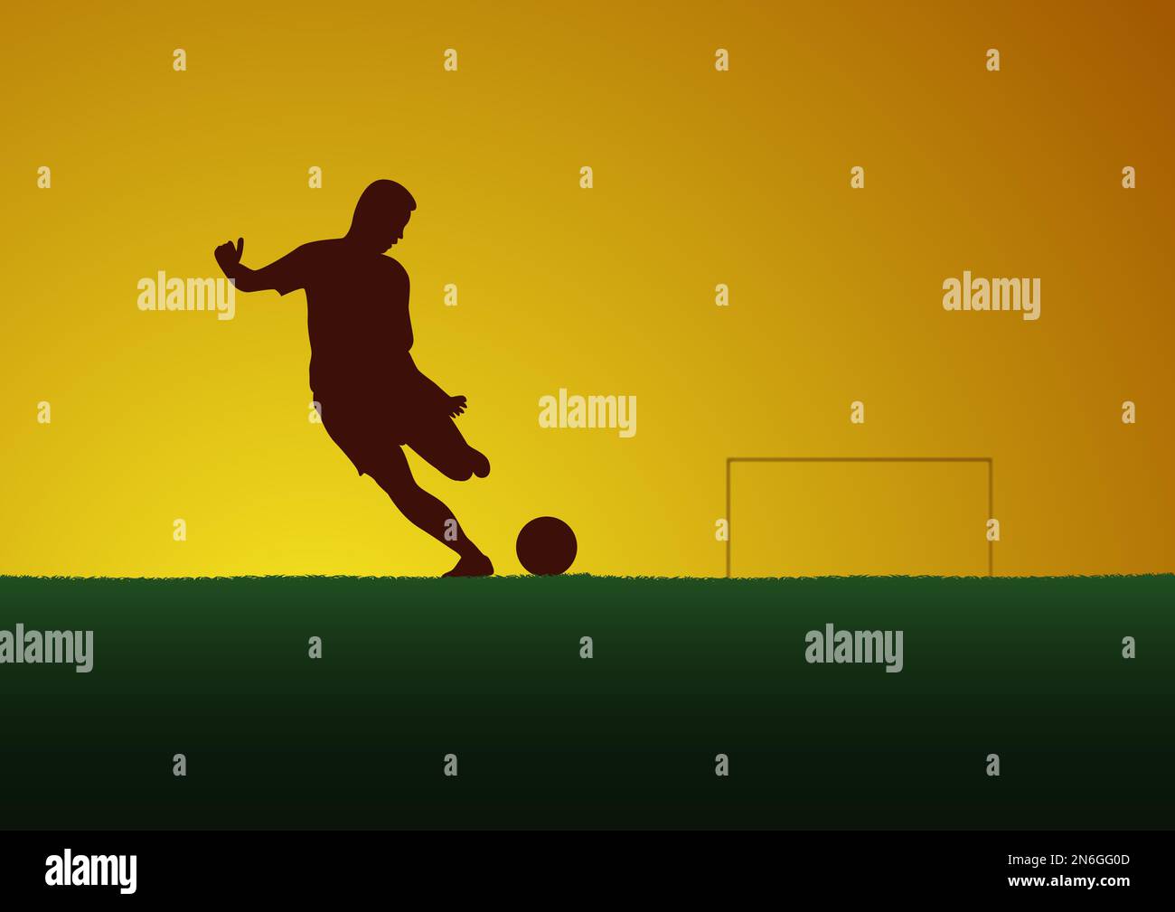 Torneo di calcio, giocatore di calcio su sfondo tramonto. Poster vettoriale con uomo che gioca a gioco e palla in silhouette Illustrazione Vettoriale