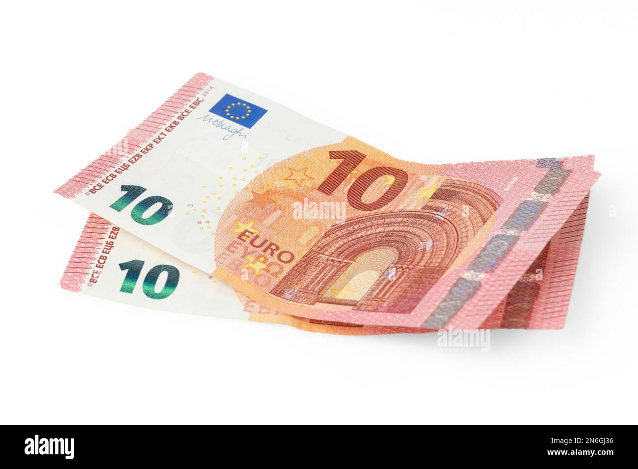 Due banconote, carta moneta, dieci euro, sfondo bianco Foto Stock