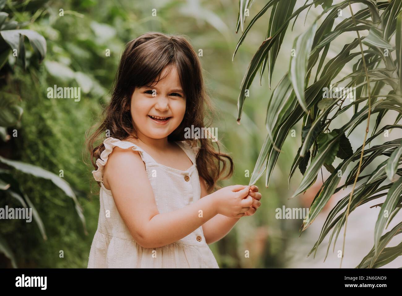 una bambina cammina nel giardino botanico. felice bambino e palme Foto Stock