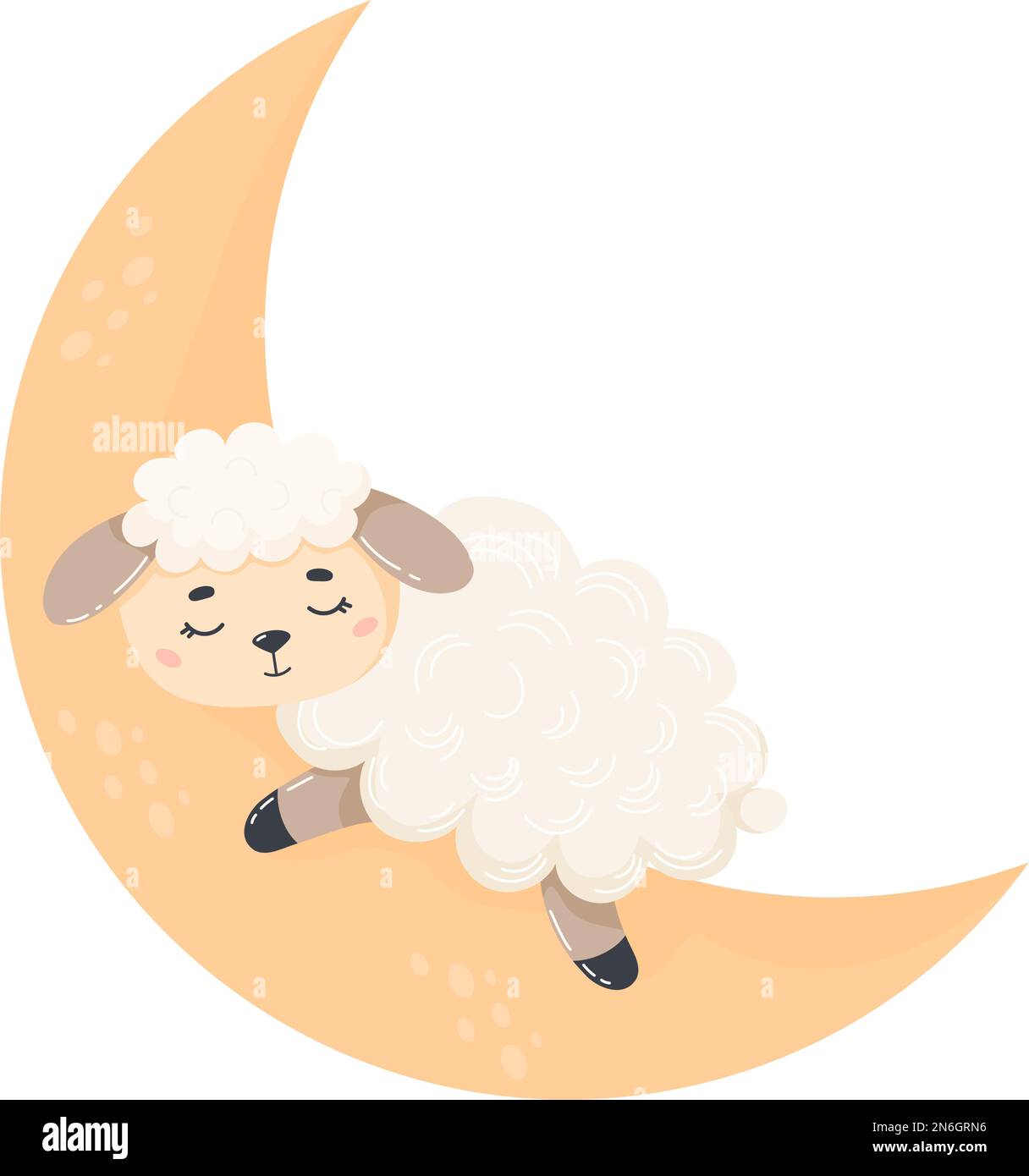 Carino pecora addormentata sulla luna. Illustrazione vettoriale. Simpatici animali da fattoria per bambini collezione, cartoline, design, stampa. Illustrazione Vettoriale