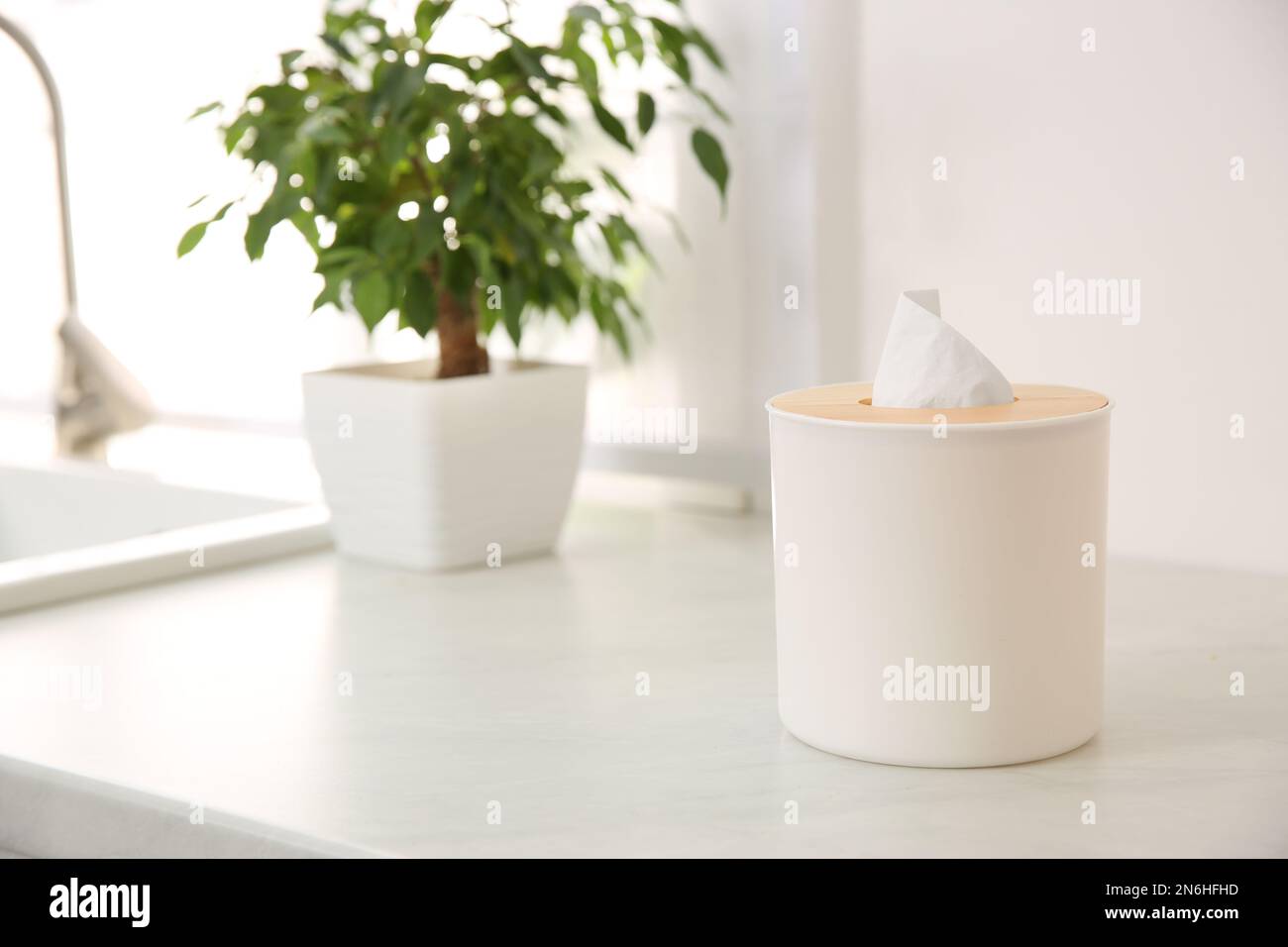 Scatola con fazzolettini di carta sul banco bianco in cucina. Spazio per il testo Foto Stock