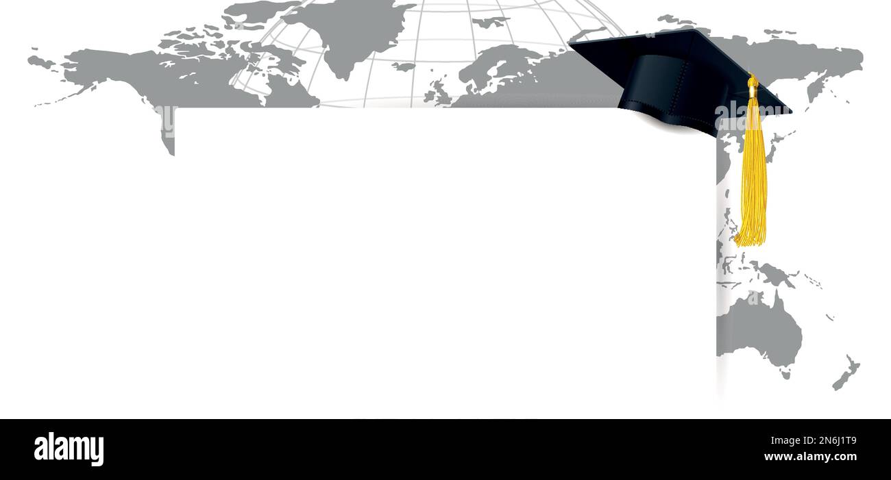 tappo laureato con una nappina gialla e diploma sullo sfondo della mappa del mondo Illustrazione Vettoriale