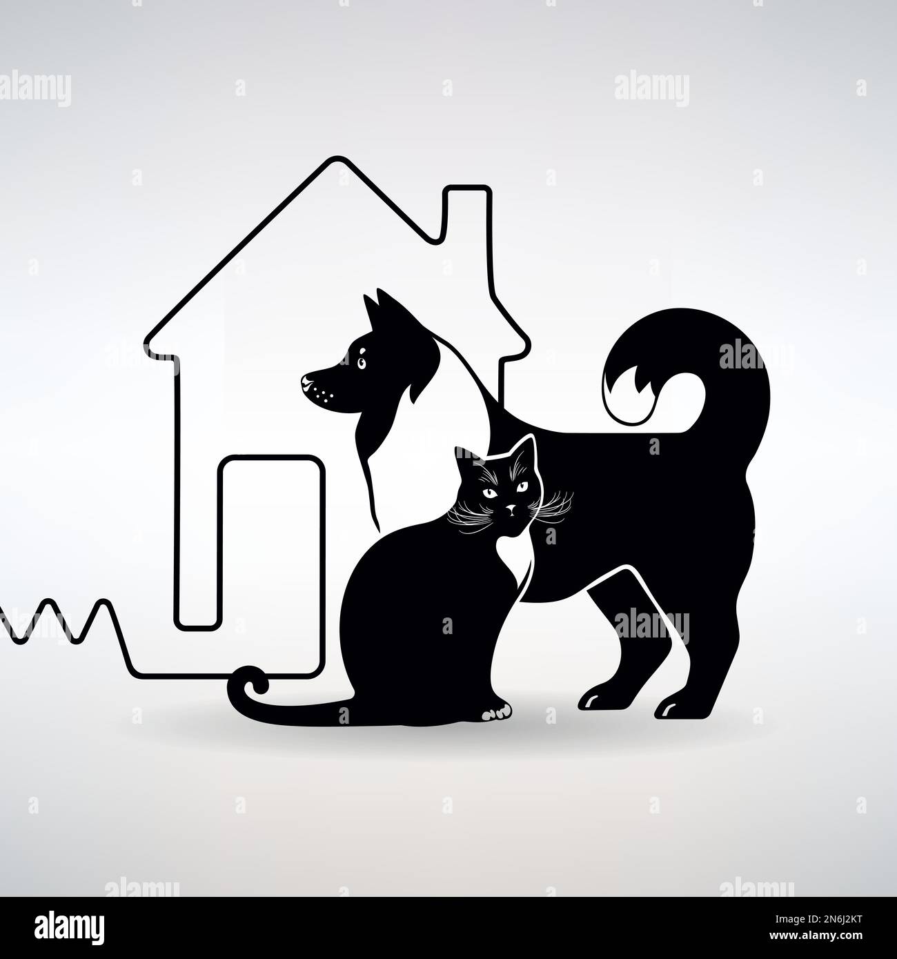 cane e gatto sullo sfondo della silhouette della casa su uno sfondo chiaro Illustrazione Vettoriale