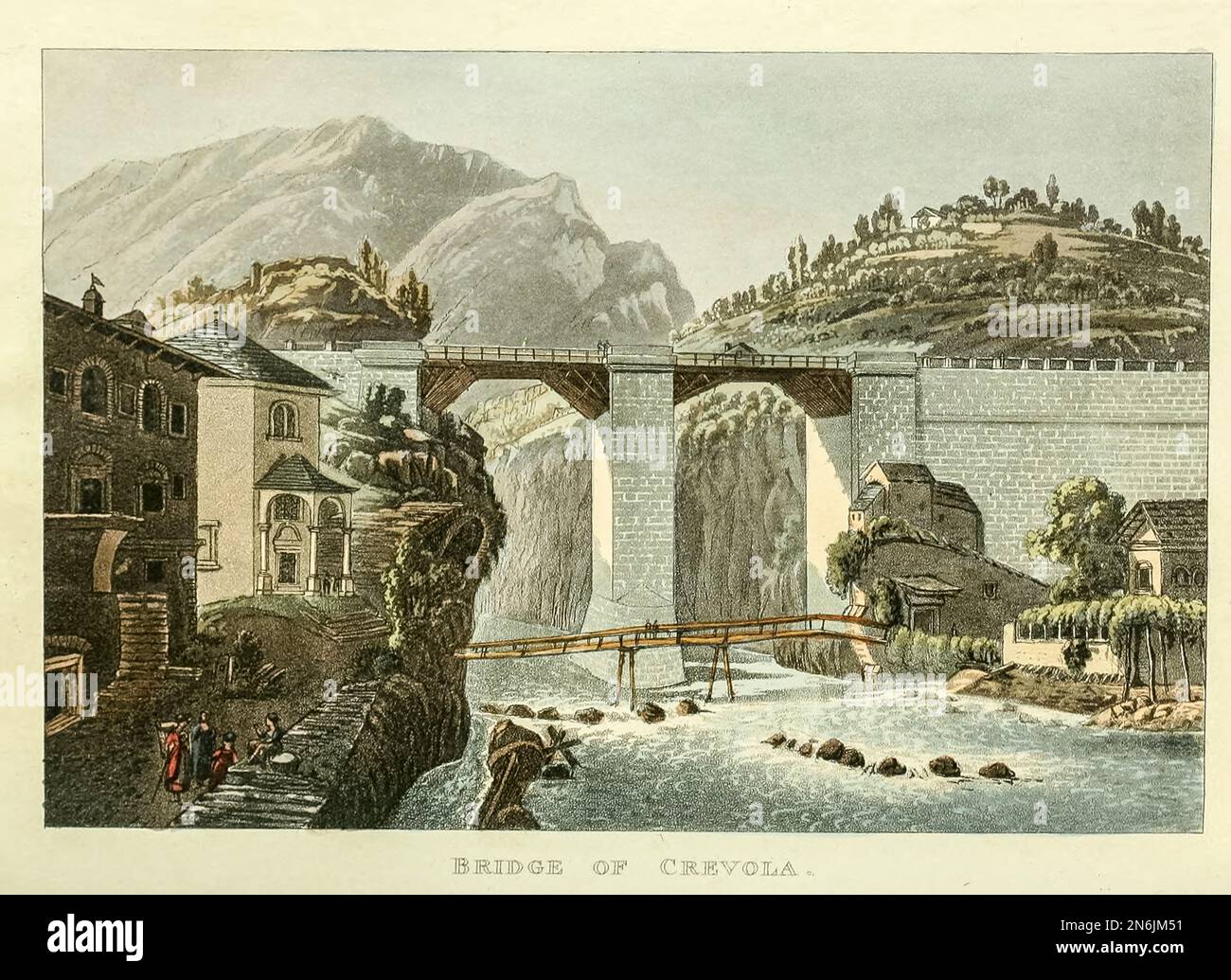 Ponte di Crevola inciso da disegni di J. e J. Lory, dal libro ' pittoresco tour da Ginevra a Milano, per mezzo del Sempione' pubblicato a Londra da R. Ackermann nel 1820 Foto Stock